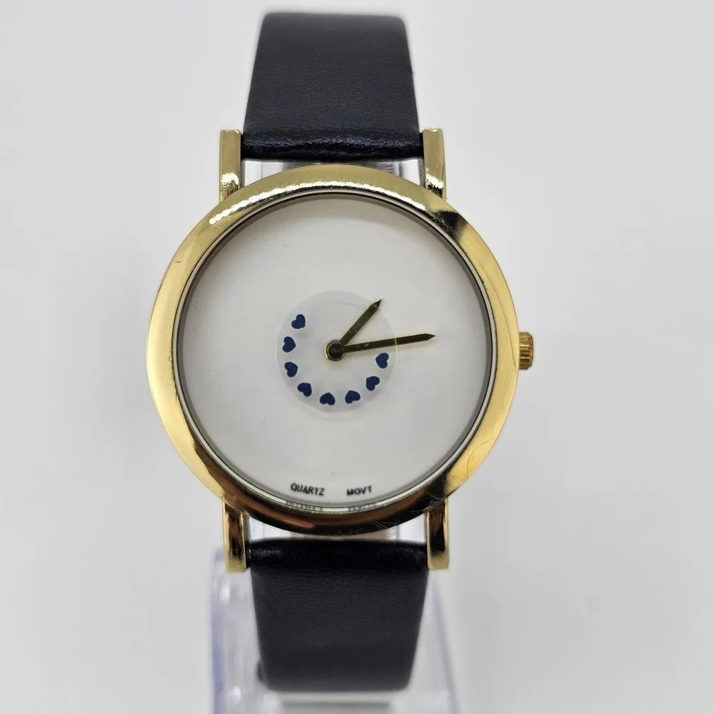 Women's Hearts Analog Watch 38MM White Dial Black Faux Leather Bands NEW Battery